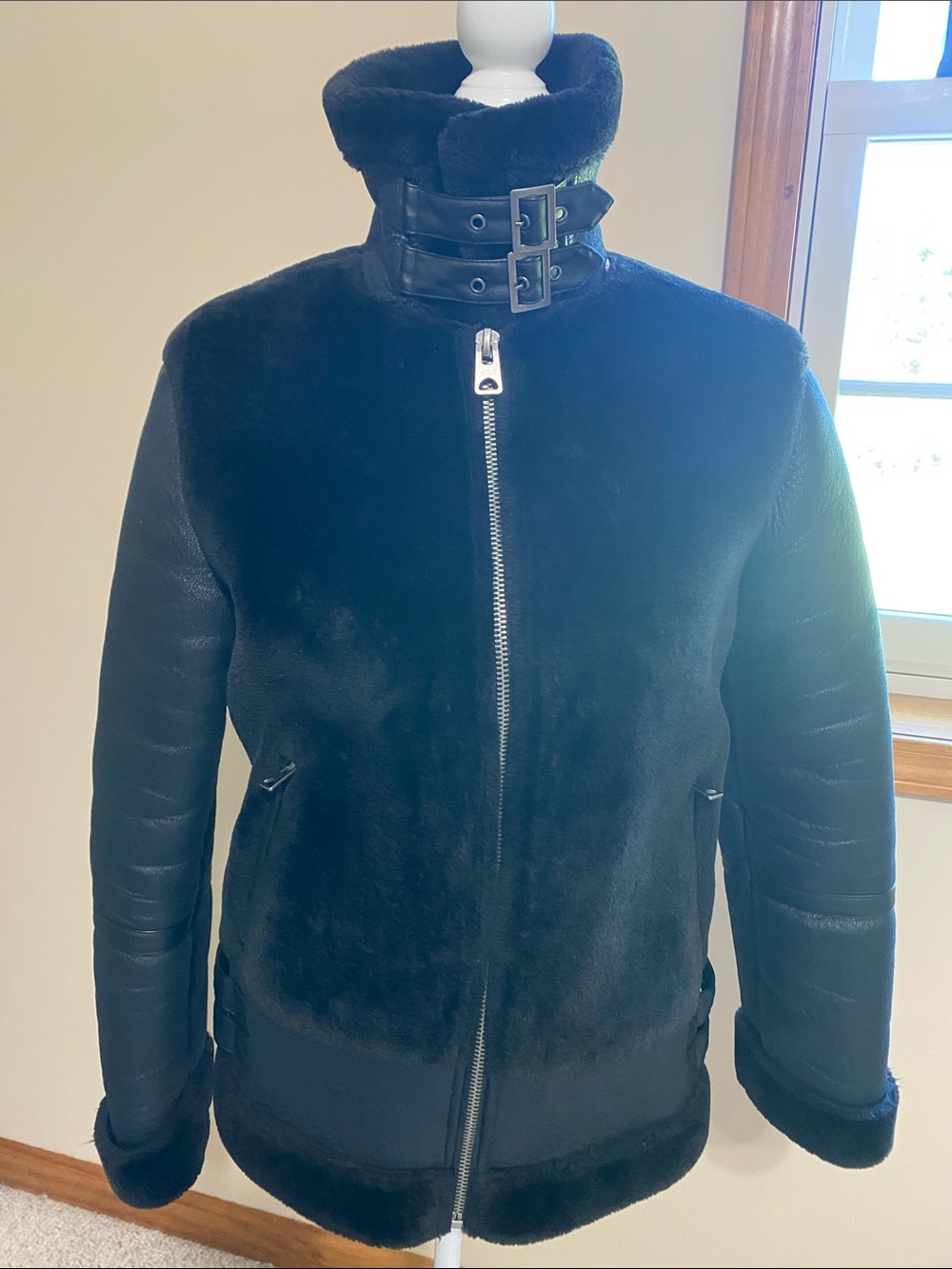 Men's Black Shearling Zip Jacket with High Collar